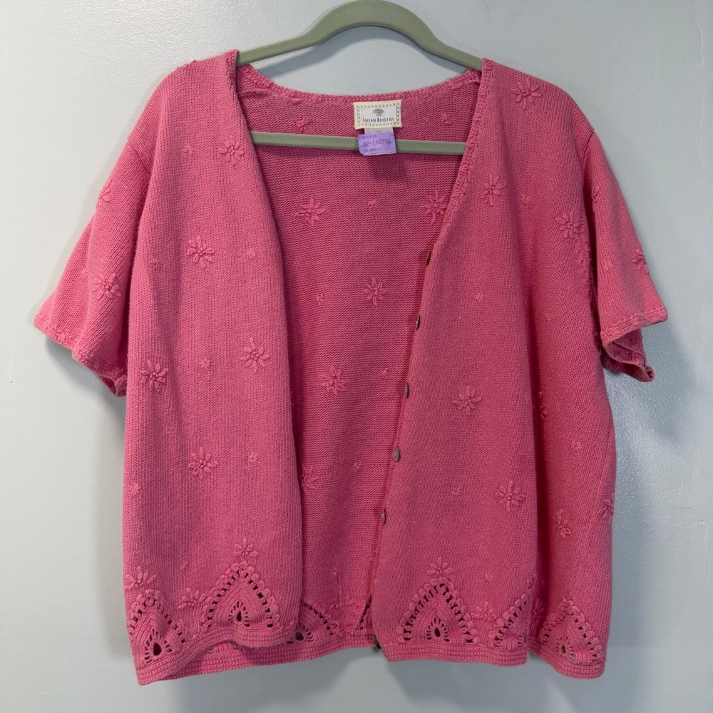 Susan Bristol Vintage Pink Short Sleeve Embroidered Cardigan XL